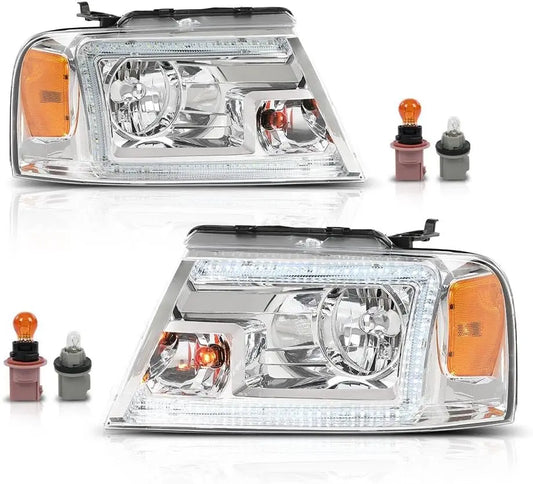 LED DRL Headlights Left& Right Halogen Compatible with Ford F150 2004-2008, Fit Lincoln Mark LT 2006-2008, Clear Lens Chrome Hou