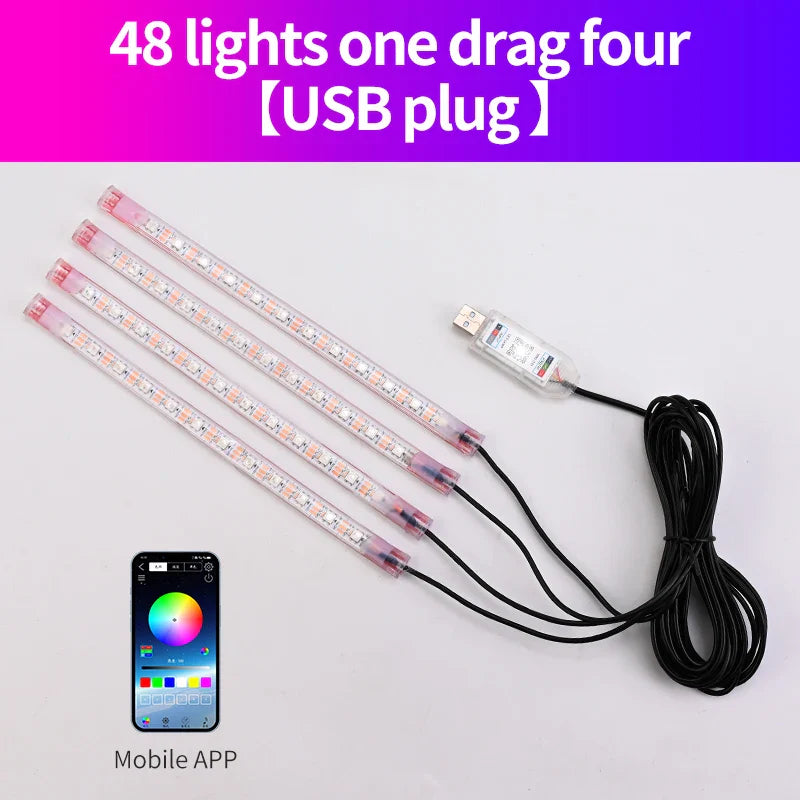 Car Footwell Atmosphere Strip LED Light APP Remote Control USB Lighting Music Sync Brightness Adjusted Freely Ambient Light 1pcs