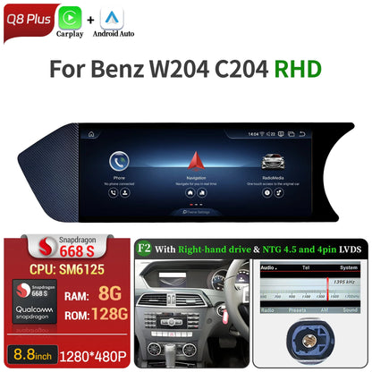 8.8 inch Android 14 For Mercedes Benz C Class W204 S204 2011-2015 Car Radio BT Carplay Qualcomm Snapdragon 680 Head Unit Screen