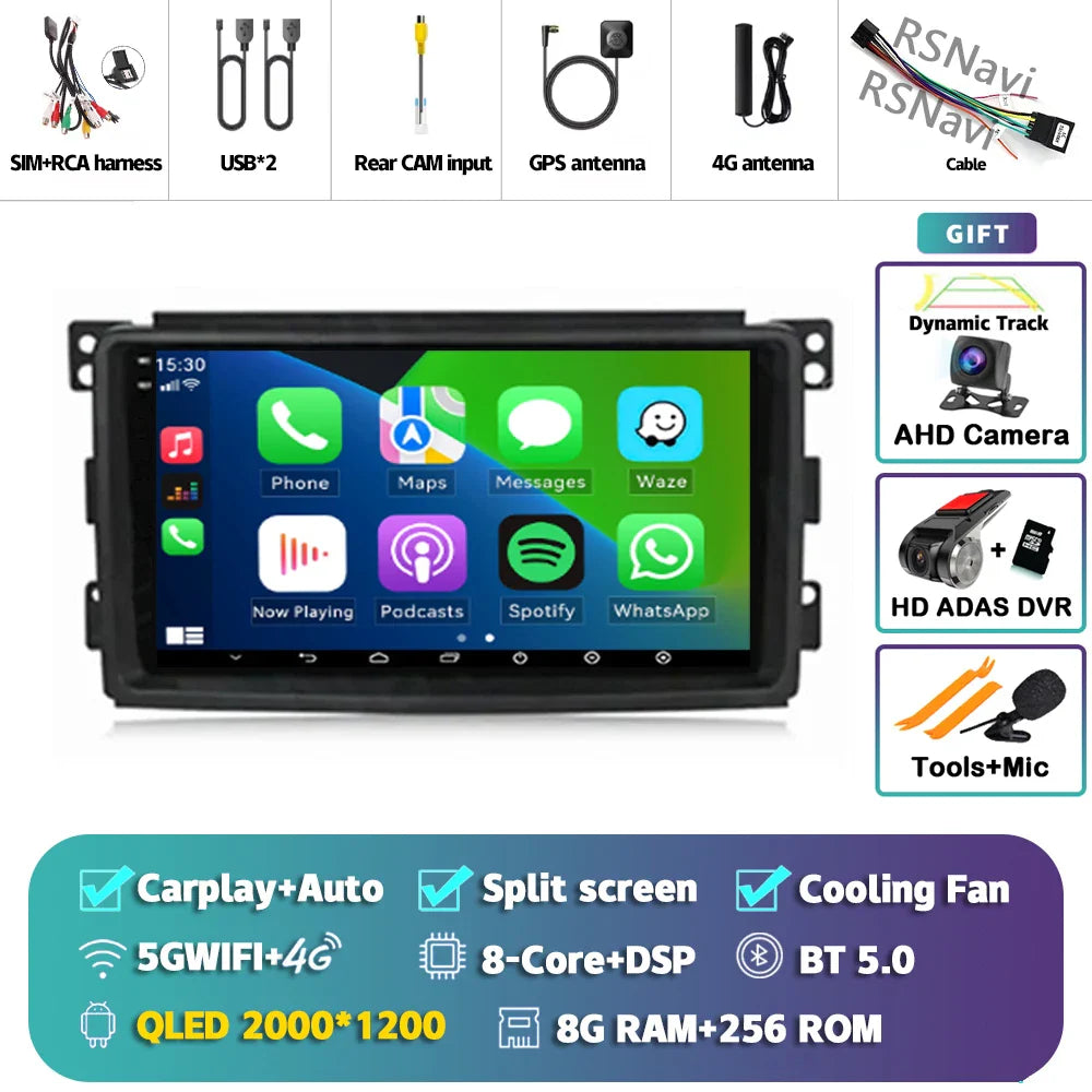 Android 14 Carplay Car Radio Multimedia For Mercedes-Benz Smart Fortwo 451 2005 - 2010 Head Unit GPS Navigation Video DVD Stereo
