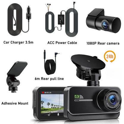 Real 4K WiFi Dual Dash Cam,Optional Rear/Cabin Camera,3" IPS Screen with Night Vision,24H Parking Mode Dashboard Camera Recorder