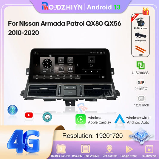 12.3 " Android13 Car Multimedia Video Player For Nissan Patrol Y62 Infiniti QX56 QX80 2010-2020 GPS Navigation CarPlay Auto 4G
