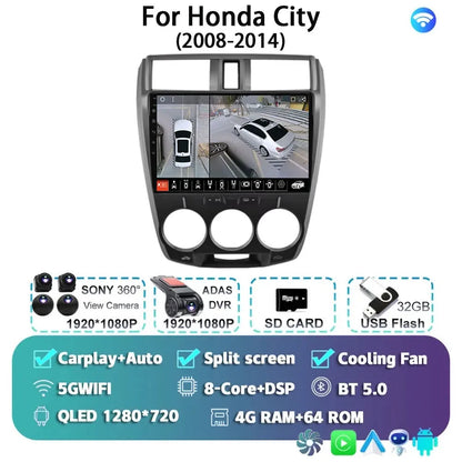 Android 14 Carplay Auto GPS For Honda City 2008 2009 2010 - 2014 Car Radio DSP Multimedia WIFI+4G Head Unit Video Stereo Player