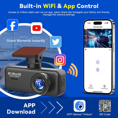 Soam 4K Ultra HD Dash Cam Car DVR Recorder Front and Rear Cam 170° wide Angle WIFI GPS Car Camera WDR Night Vision APP control