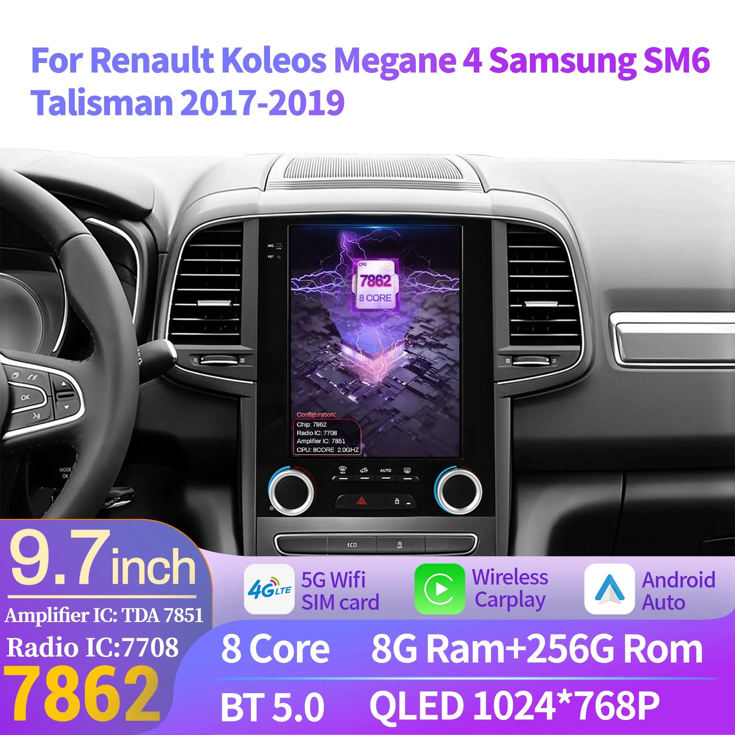 9.7″Android 14 For Renault Koleos Megane 4 Samsung SM6 Talisman 2017-2019 Wireless Apple BT Carplay Car Radio Multimedia