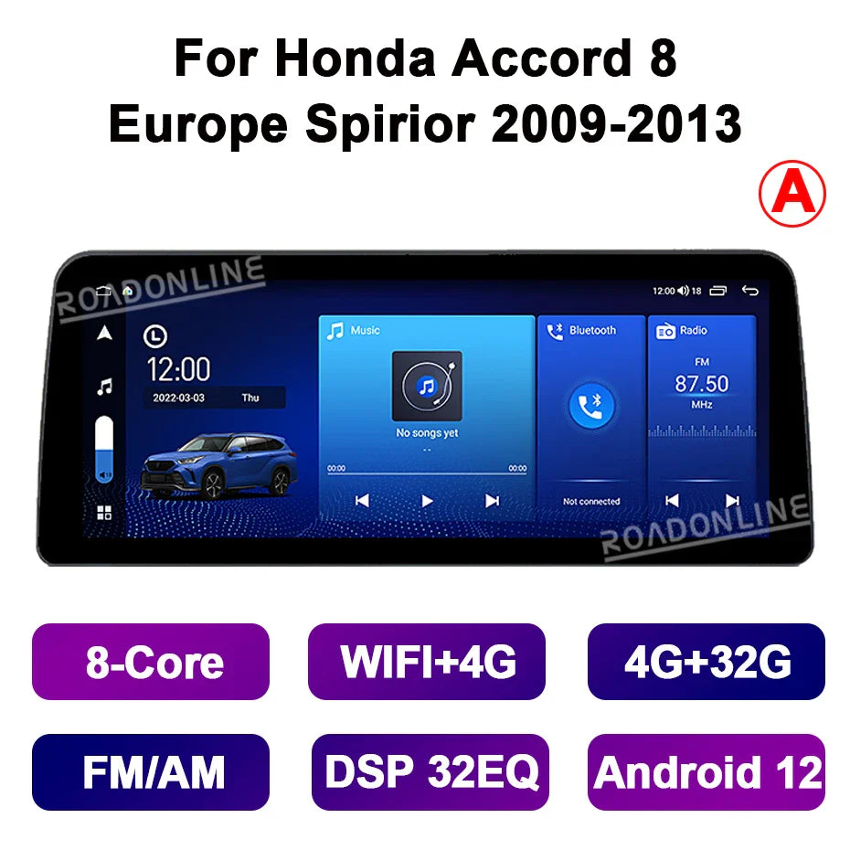 12.3” Android 12 For Honda Accord 8 Europe Spirior Acura Tsx 2009-2013 8+256GB Car GPS Multimedia Player Stereo Receiver Radio
