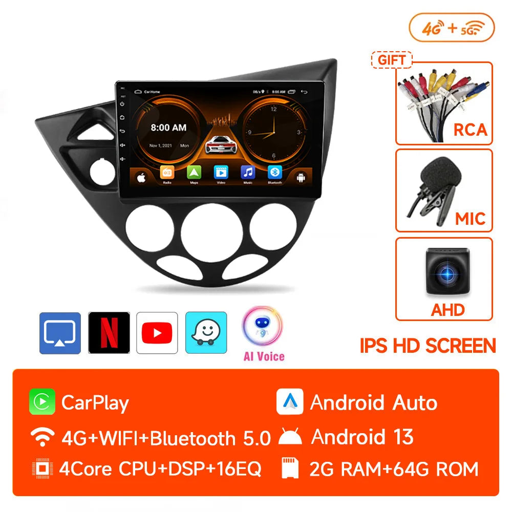 JIUYIN Wireless CarPlay Android Auto Radio for Ford Fiesta 1995-2001 Focus MK1 1998-2004 GPS 2din autoradio