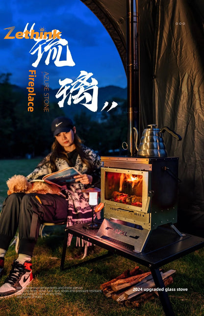 Camping Tent Stove Stainless Steel Smokeless Fireplace Secondary Burning Wood Stove Large Glass Window Firewood Heater