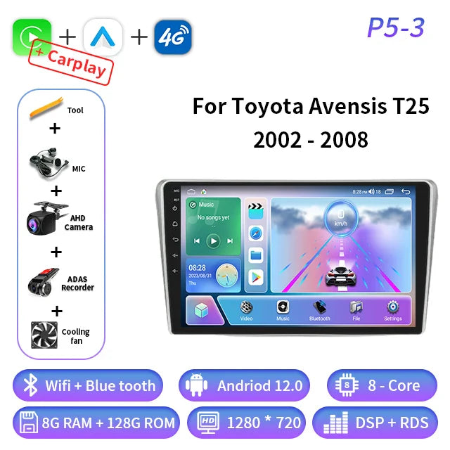 Android Auto For Toyota Avensis T25 2002 - 2008 Car Radio Multimedia Video Player Navigation GPS 4G Carplay Wifi Head Unit 2din