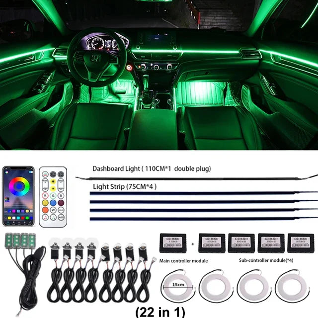 22 in 1 Universal Ambient Light Car Interior Acrylic Strip Kit 213 64 Color RGB Symphony Rainbow Dashboard Atmosphere Light APP
