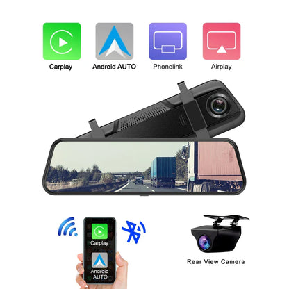E-ACE 10” 4K Car Dvr Mirror Wireless Carplay & Android Auto Dashcam Video Recorder 1080P Rear View Camera GPS WIFI