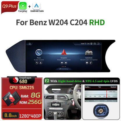 8.8 inch Android 14 For Mercedes Benz C Class W204 S204 2011-2015 Car Radio BT Carplay Qualcomm Snapdragon 680 Head Unit Screen