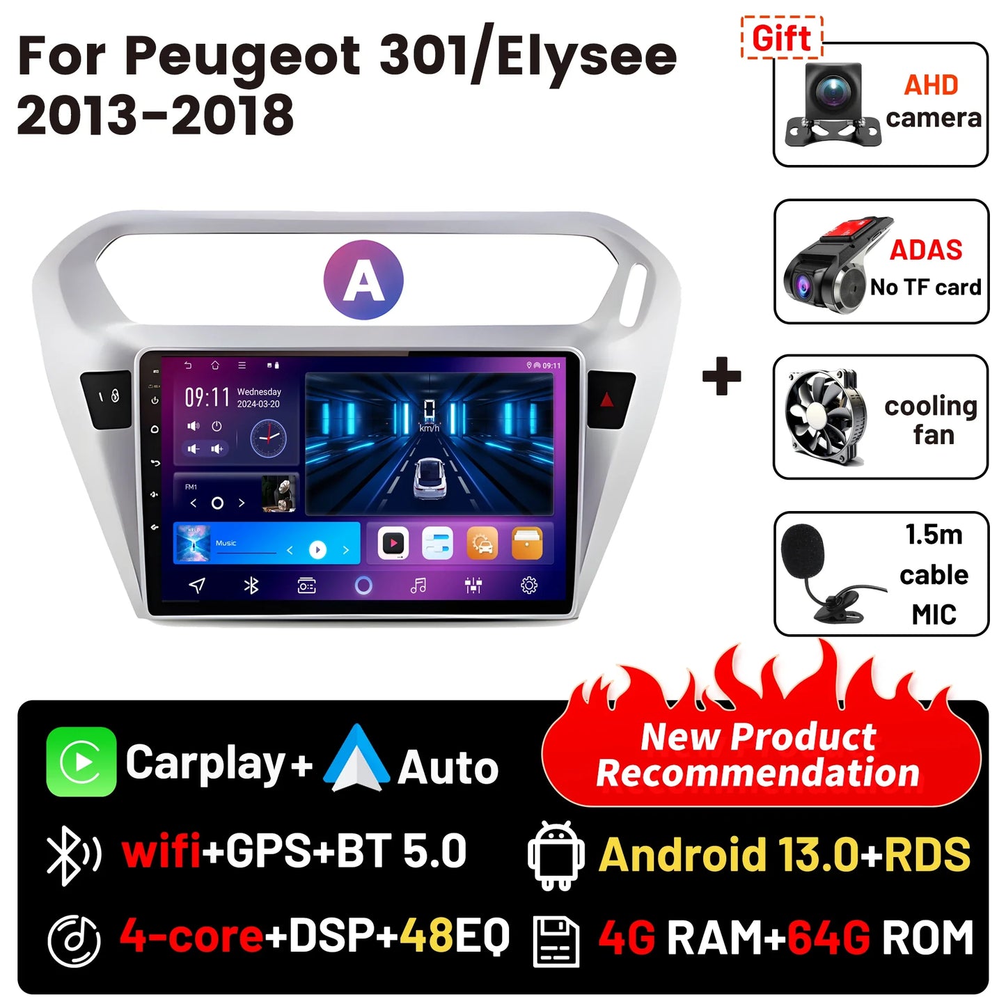 Wireless CarPlay Android Auto Car Bluetooth Radio For Peugeot 301 Citroen Elysee 2013-2018 2Din Android 14 DSP GPS FM Autoradio