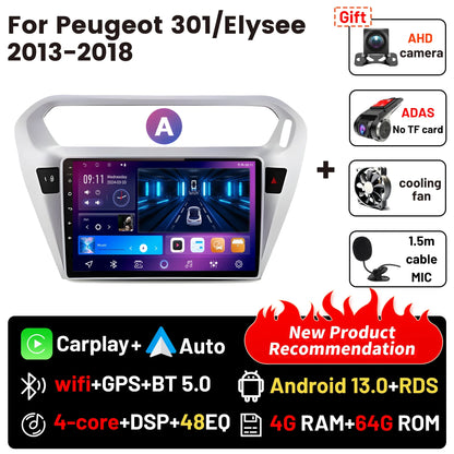 Wireless CarPlay Android Auto Car Bluetooth Radio For Peugeot 301 Citroen Elysee 2013-2018 2Din Android 14 DSP GPS FM Autoradio