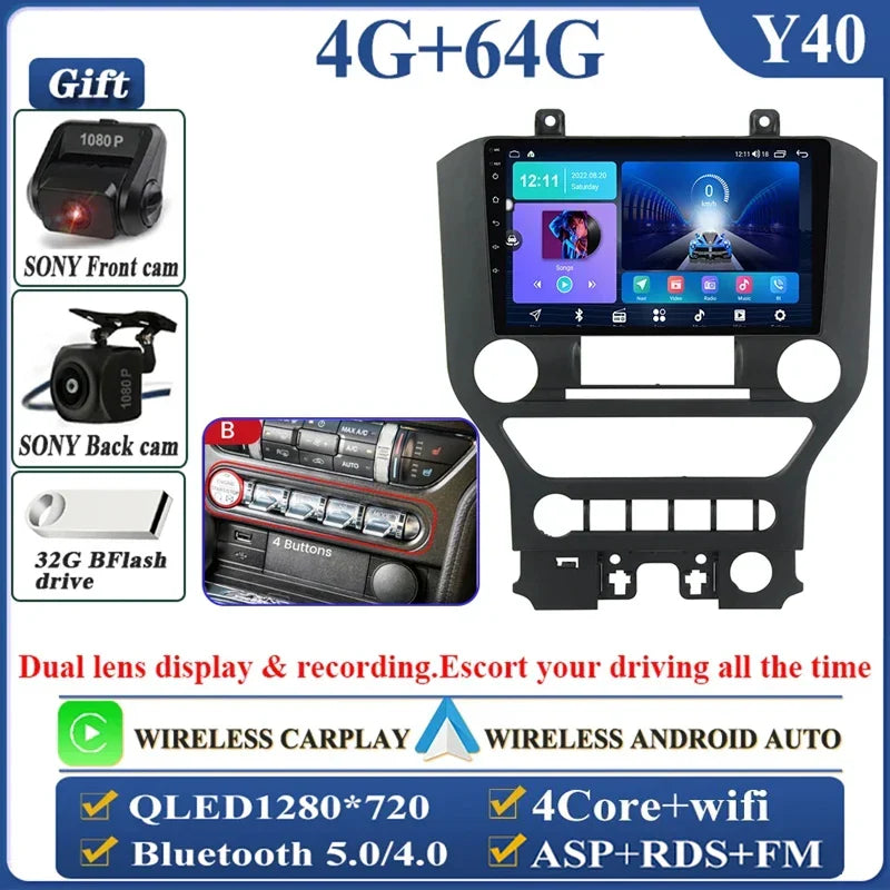 Android 14 Carplay FOR FORD Mustang S550 2014-2021 Multimedia Car Player Navigation Screen GPS Radio No 2 Din Stereo Head Unit