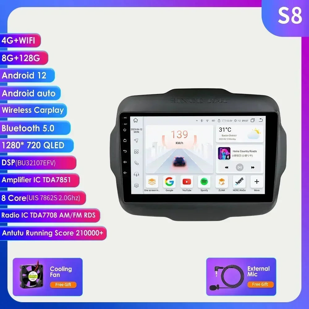 7862 Carplay 4G-LTE 9" Car Radio Android for Jeep Renegade 2016-2020 Multimedia Player Navigation GPS 2 Din Stereo DSP Autoradio