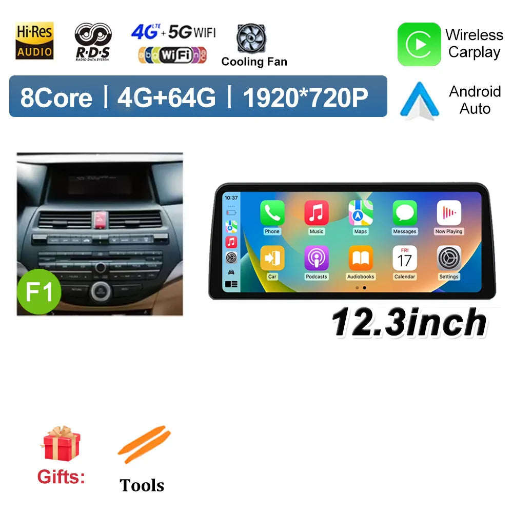 12.3 inch Android 14 for Honda Accord 8 2008 2009 - 2013 Car Multimedia Radio Player Wireless Carplay Monitor GPS Navigation BT