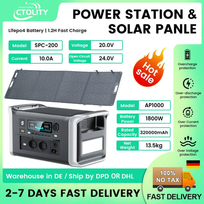 Ctolity 1800W Camping Portable Power Station 200W Solar Panel 1024Wh Lifepo4 Solar Generator Battery  Emergency Supply Backup