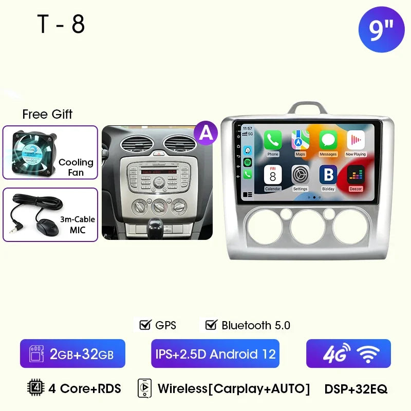 9" Car Radio For Ford Focus 2004 2005 2006 2007 2008 2009 2010 2011 Android12 Multimidia Video Player Head Unit wireless Carplay