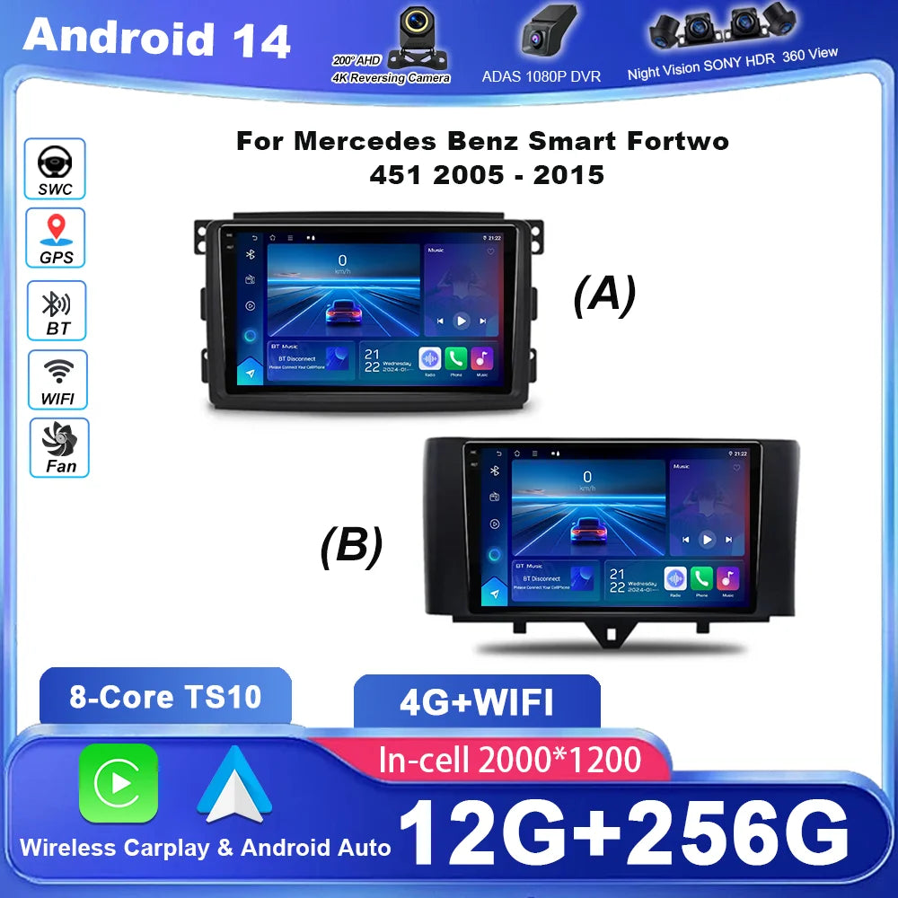 Car Android 14 GPS Navigation For Mercedes Benz Smart Fortwo 451 2010 - 2015 Auto Radio Stereo Multimidia Player Carplay NO 2DIN