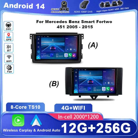 Car Android 14 GPS Navigation For Mercedes Benz Smart Fortwo 451 2010 - 2015 Auto Radio Stereo Multimidia Player Carplay NO 2DIN