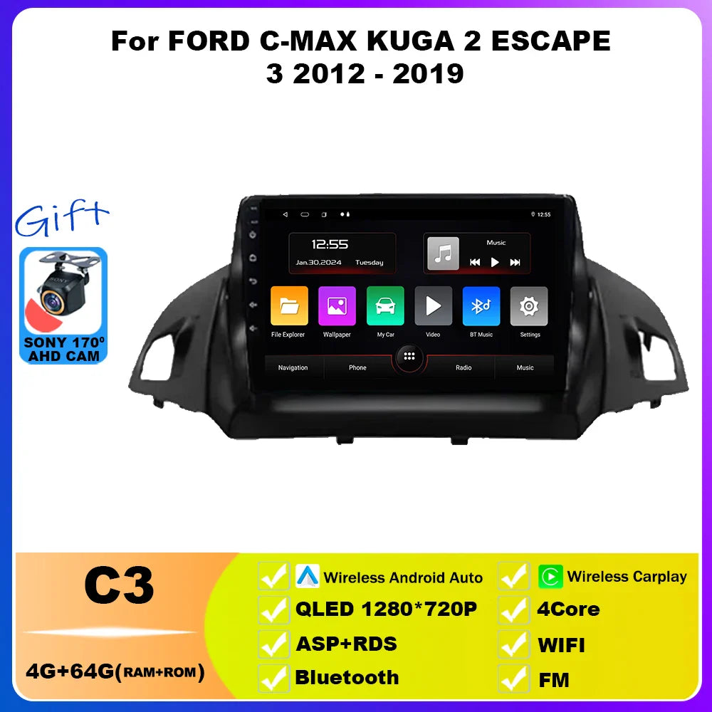 Android 14 For FORD C-MAX KUGA 2 ESCAPE 3 2012 - 2019 Car Radio Multimedia Video Player Navigation GPS WIFI 4G Stereo Head Unit