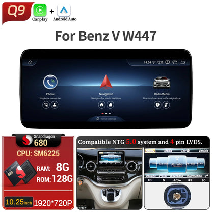 Car Radio For Mercedes Benz V Class W447 V250 V260 V350 Android 14 4G Wireless BT Carplay Snapdragon 680 Head Unit Touch Screen