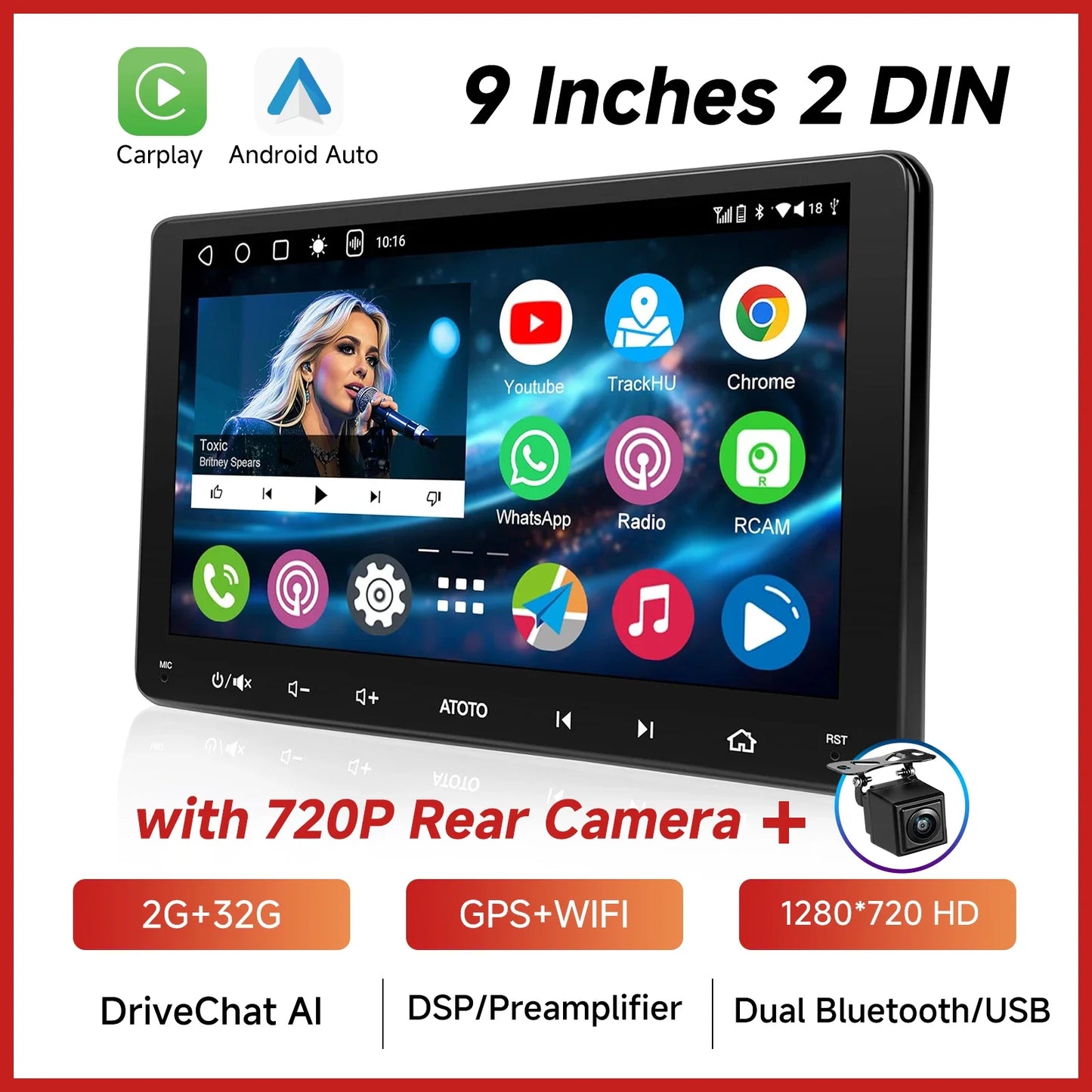 ATOTOZONE 9 Inch Android Car Radio Stereo Multimedia GPS Navigation Bluetooth WiFi FM Support Wireless Android Auto Carplay