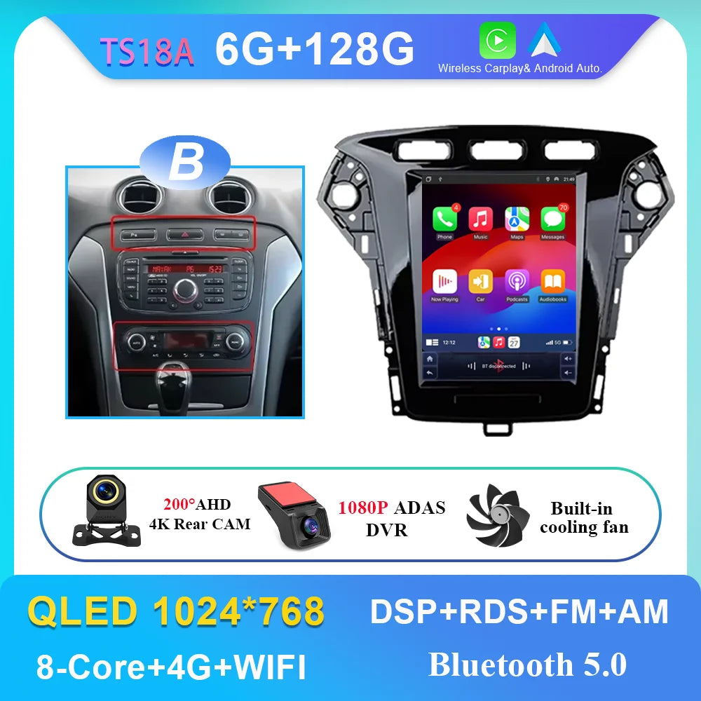 9.7 Inch Android 14 Car Radio Stereo Multimedia Player For Ford Mondeo MK4 2011 - 2013 Auto GPS Navigation wireless carplay DVD