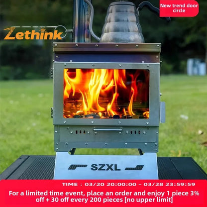 Camping Tent Stove Stainless Steel Smokeless Fireplace Secondary Burning Wood Stove Large Glass Window Firewood Heater