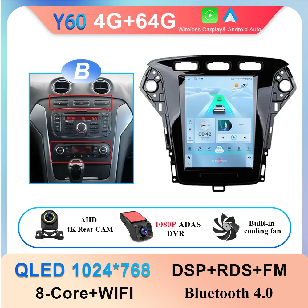 9.7 Inch Android 14 Car Radio Stereo Multimedia Player For Ford Mondeo MK4 2011 - 2013 Auto GPS Navigation wireless carplay DVD