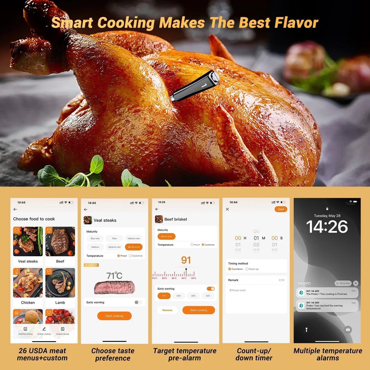 INKBIRD Three-Mode Wireless Meat Thermometer INT-14-BW Smart WiFi Bluetooth Food Thermometer IP67&4 Probes for BBQ, Grill, Oven power tools