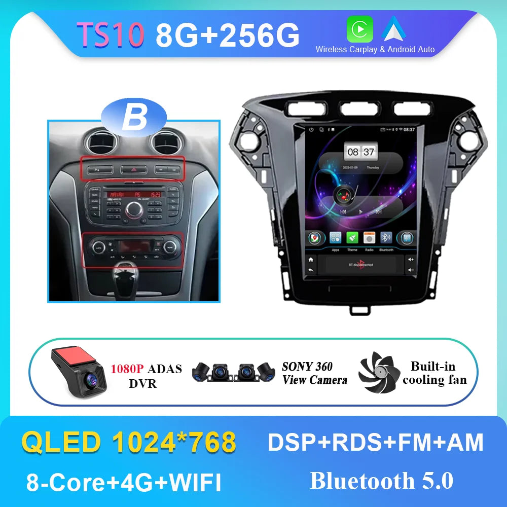 9.7 Inch Android 14 Car Radio Stereo Multimedia Player For Ford Mondeo MK4 2011 - 2013 Auto GPS Navigation wireless carplay DVD