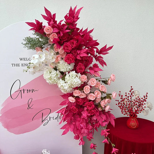Hot Pink Floor Flower Row Artificial Flower Wedding Decoration Floral Arch Arrangement Welcome Sign Decor Road Lead Flower Ball