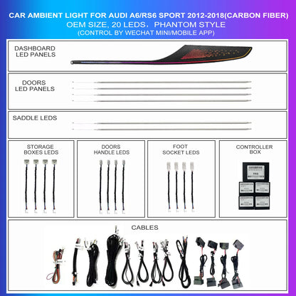 20 in 1 Ambient Lighting Car Kit For Audi A6 RS6 2012-2018 Hidden Built-in Light Strip Dashboard Door Decoration Atmosphere Lamp