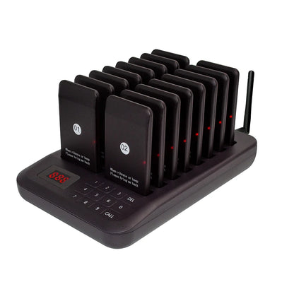 Improve service efficiency with this wireless guest paging system. Includes 16 coaster buzzers with vibration, beep, flash, and LED display, plus 1 keypad transmitter.