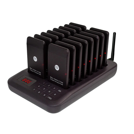 Improve service efficiency with this wireless guest paging system. Includes 16 coaster buzzers with vibration, beep, flash, and LED display, plus 1 keypad transmitter.
