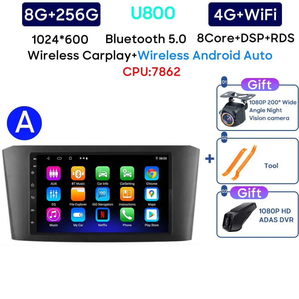 Car Radio Android 13 For Toyota Avensis T25 2002-2008 Carplay Navigation GPS Stereo Android Auto Screen No 2din DVD 5G Wifi Head