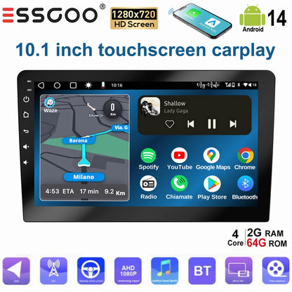 ESSGOO 10.1 Inch touchscreen 2 DIN Car stereo radio Android 14 Wireless Carplay Android auto GPS Navigation WiFi FM RDS SWC USB