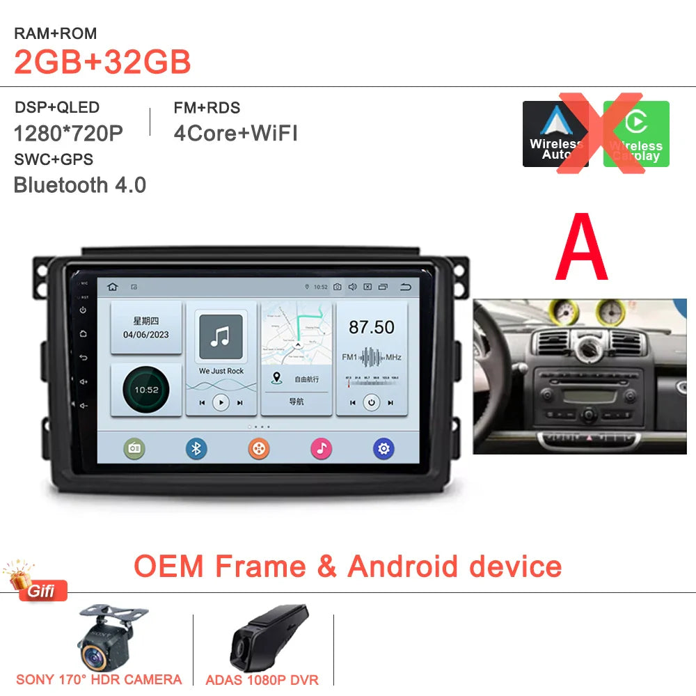Android 14 Car For Mercedes Benz Smart Fortwo 451 2005 - 2015 Stereo Head Unit GPS Navigation Multimedia Autoradio Dash Cam DVD
