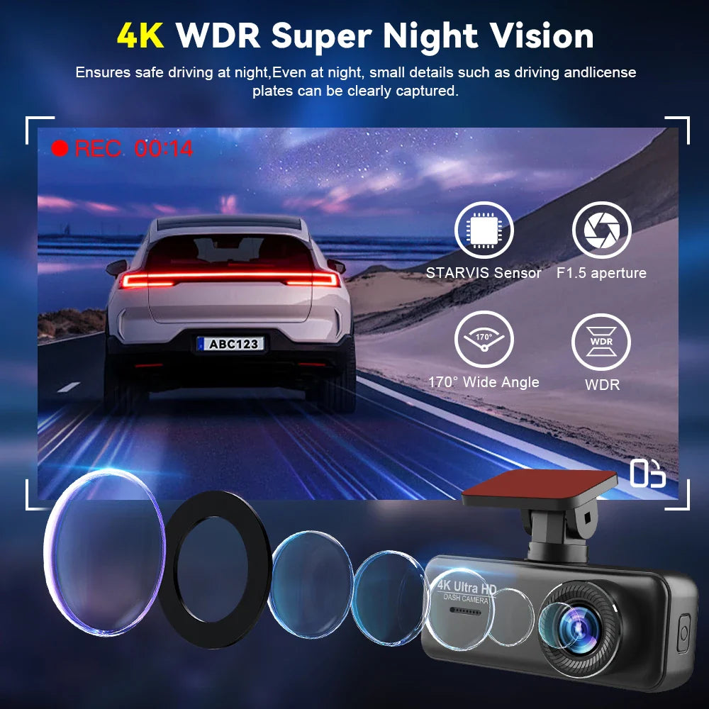 Soam 4K Ultra HD Dash Cam Car DVR Recorder Front and Rear Cam 170° wide Angle WIFI GPS Car Camera WDR Night Vision APP control