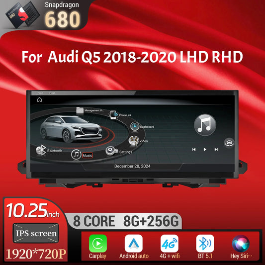 10.25 inch Android 14 For Audi Q5 2018-2020 Car Radio Wireless Bluetooth Carplay Qualcomm Snapdragon 680 Touch Head Unit Screen