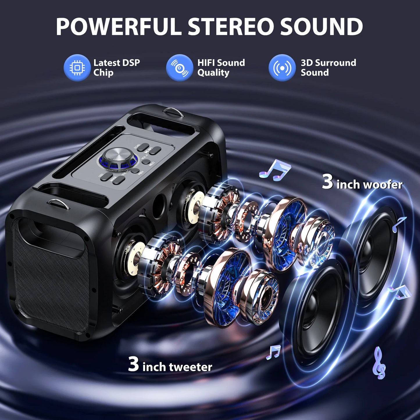 FanFun Portable Outdoor Party Dual Speakers, LED Ambient Lighting, Includes Two Wireless Microphones for Instrument Input