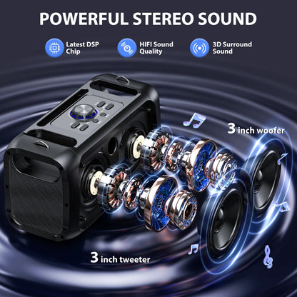 FanFun Portable Outdoor Party Dual Speakers, LED Ambient Lighting, Includes Two Wireless Microphones for Instrument Input