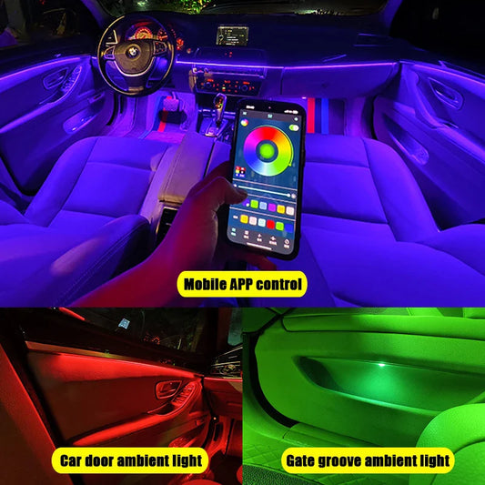 18 in 1 Car Ambient Light RGB 64 Color Neon Interior Acrylic Guide Fiber Strip Decoration Atmosphere Lights Kit With App Control