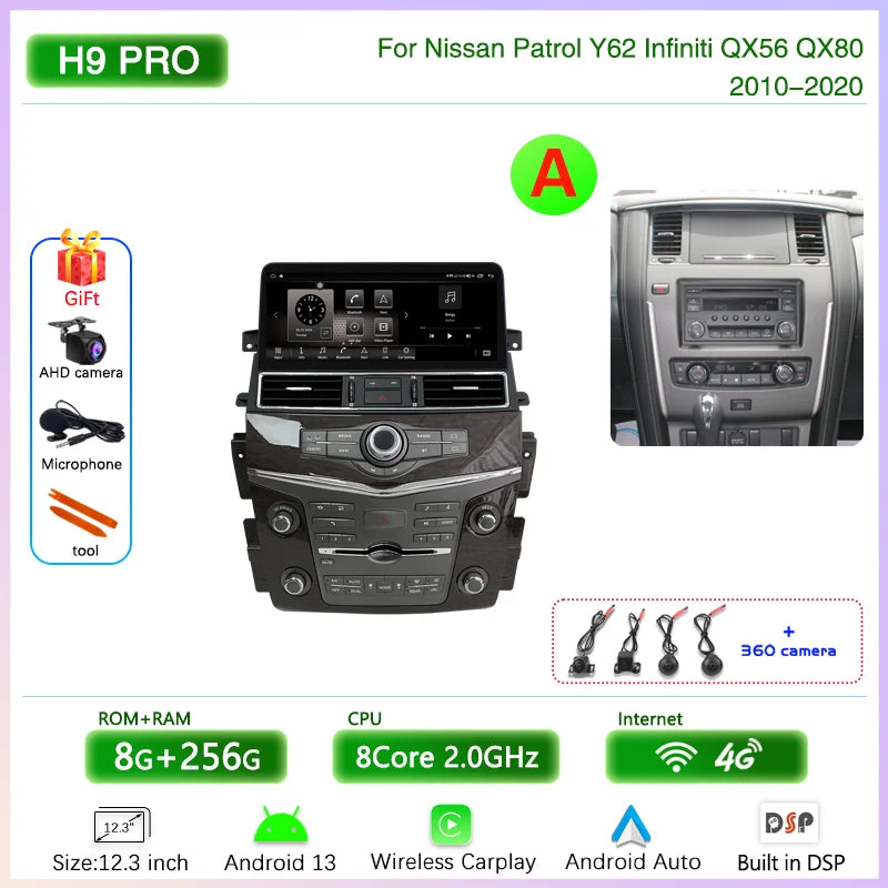 12.3 " Android13 Car Multimedia Video Player For Nissan Patrol Y62 Infiniti QX56 QX80 2010-2020 GPS Navigation CarPlay Auto 4G