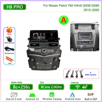 12.3 " Android13 Car Multimedia Video Player For Nissan Patrol Y62 Infiniti QX56 QX80 2010-2020 GPS Navigation CarPlay Auto 4G