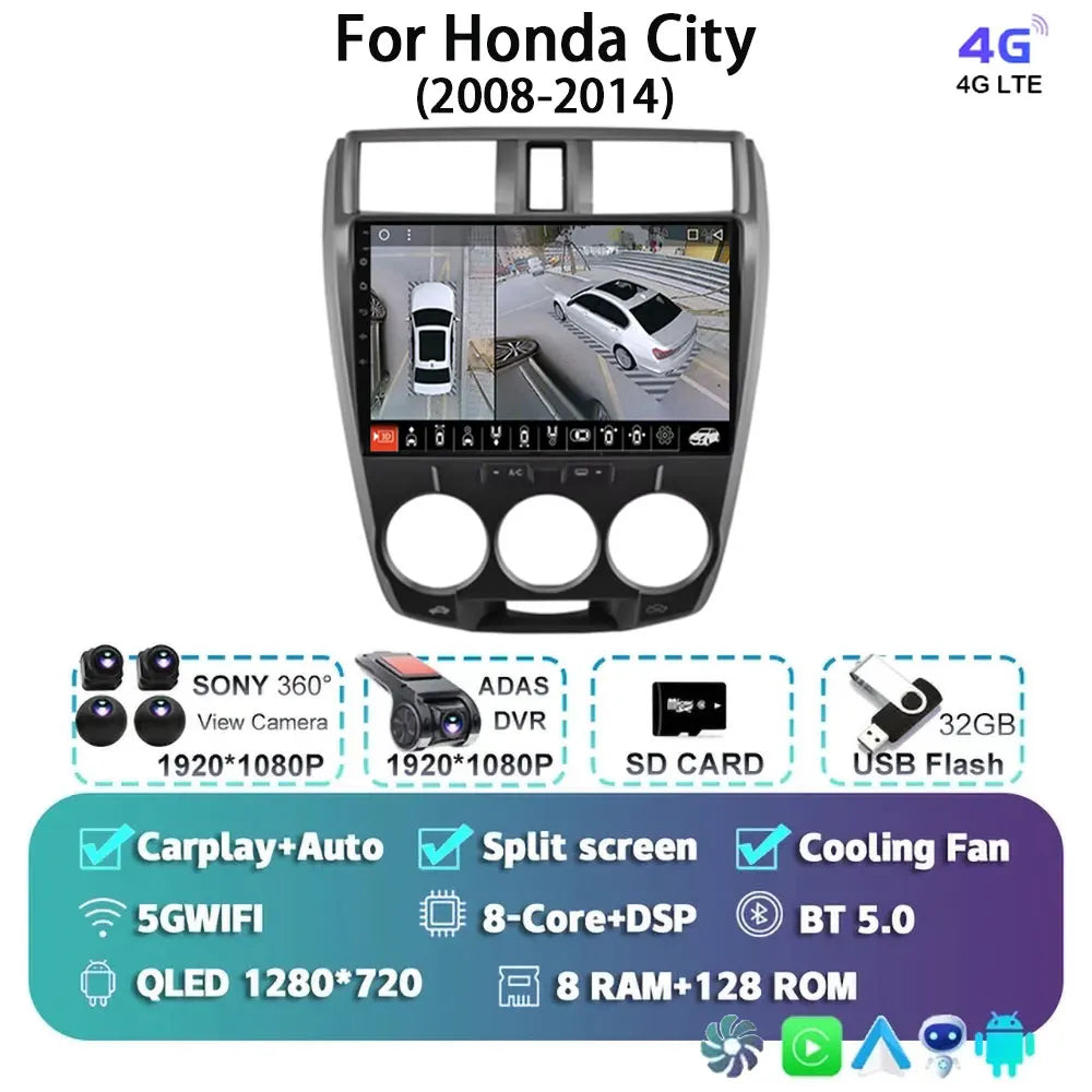 Android 14 Carplay Auto GPS For Honda City 2008 2009 2010 - 2014 Car Radio DSP Multimedia WIFI+4G Head Unit Video Stereo Player