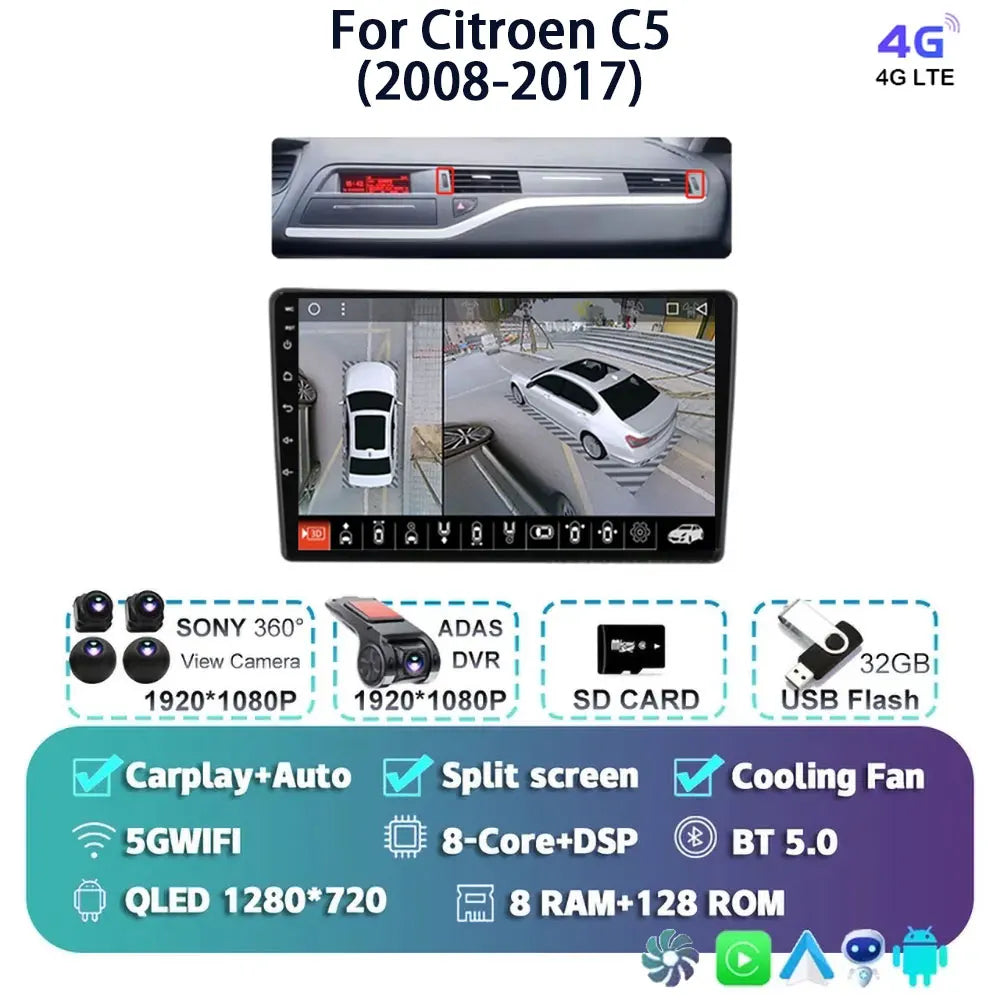 Android 14 Carplay Auto Car Radio Multimedia Player For Citroen C5 2008 2009 2010-2017 Autoradio Stereo DSP GPS 2din Head Unit