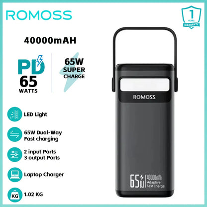 ROMOSS PMT40 Powerful Power Bank 40000mAh 65W Dual Way Fast Charging  External Battery For Xiaomi HUAWEI Laptop